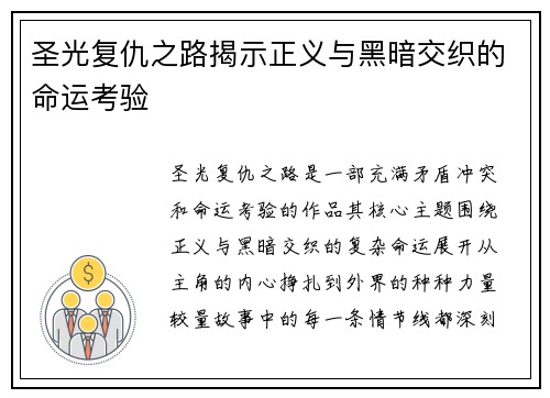 圣光复仇之路揭示正义与黑暗交织的命运考验